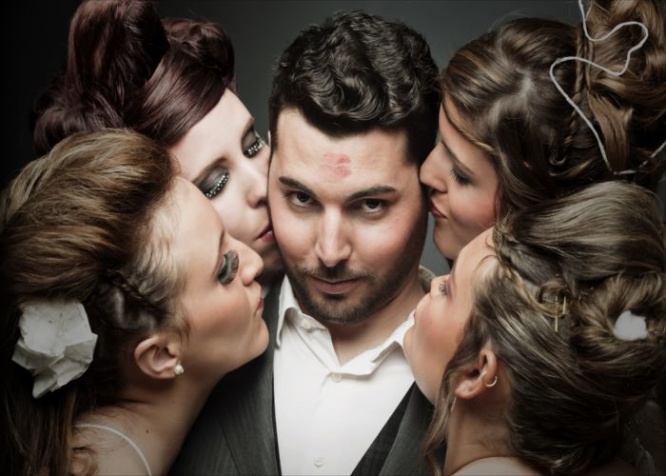 One handsome groom with four brides. More files of this models on port. Made with professional make-up and hair dresser. Horizontal format.