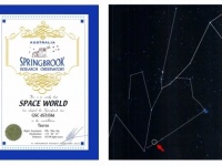 星命名証明書（左）と夜空のおうし座。スペースワールドは、丸で囲まれた星の名前になった
