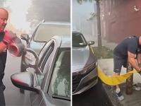 火災発生！消火栓の前に止めた車の窓ガラスを割りホースを通したニューヨークの消防隊