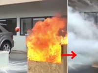 燃え上がる車を一瞬で消火！　画期的な消化器ボールが話題に