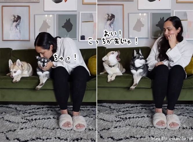 こっちが先ちゃうんかい？やきもち焼の犬、姉が先にキスされたことにブーイング