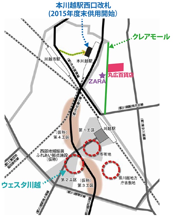 黄色＆緑の線が本川越駅西口開設に伴ってできる新ルート（川越市の資料に編集部が加筆）