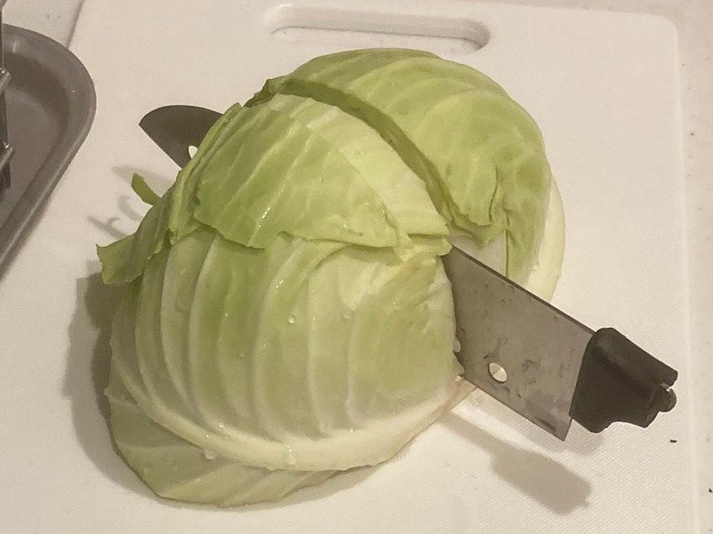 まだ半年も使ってないのに...　包丁を真っ二つにしたキャベツに反響「これが真剣白葉取りですか」