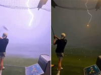 ゴルフ練習場で打ったボールに雷が落ちるという奇跡の瞬間