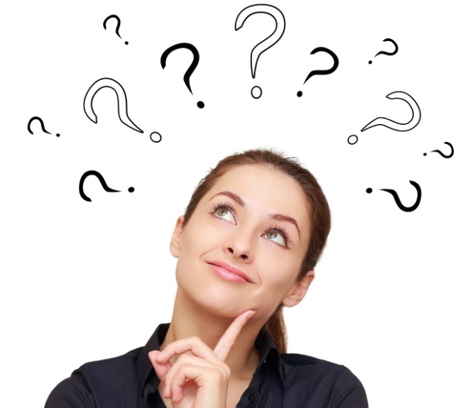 Thinking smiling woman with questions mark above head looking up