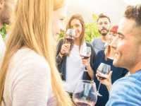 Happy friends having fun and drinking wine - Friendship concept with young people enjoying harvest time together at farmhouse vineyard countryside - Bright desat  filter with focus on background faces