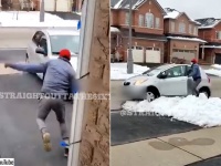 絵にかいた因果応報。置き引き犯が逃走失敗。車が雪にはまってさあ大変