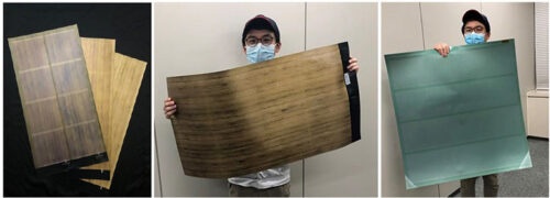 加飾フィルムをF WAVE が量産する軽量フレキシブル太陽電池に実装した状態　木目調加飾フィルム（左）と単色フィルム（右）を貼り付けた加飾太陽電池