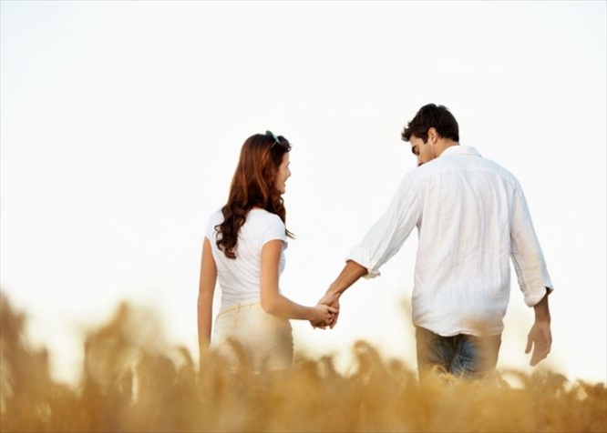 Rear view of a romantic young couple walking in a corn field