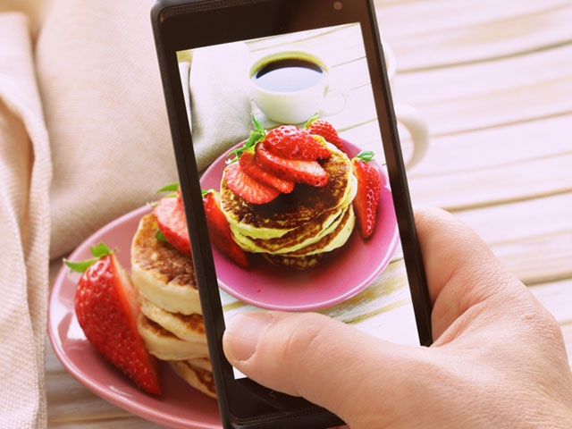 smartphone shot food photo  - pancakes with fresh strawberries