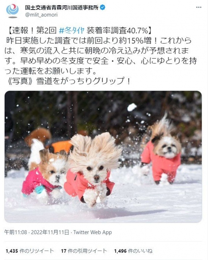 冬タイヤなら雪道でも走れるってワケ (画像は国土交通省青森河川国道事務所@mlit_aomoriによる22年11月11日のツイート、編集部でキャプチャ)