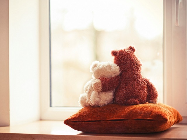 Two embracing teddy bear toys sitting on window-sill